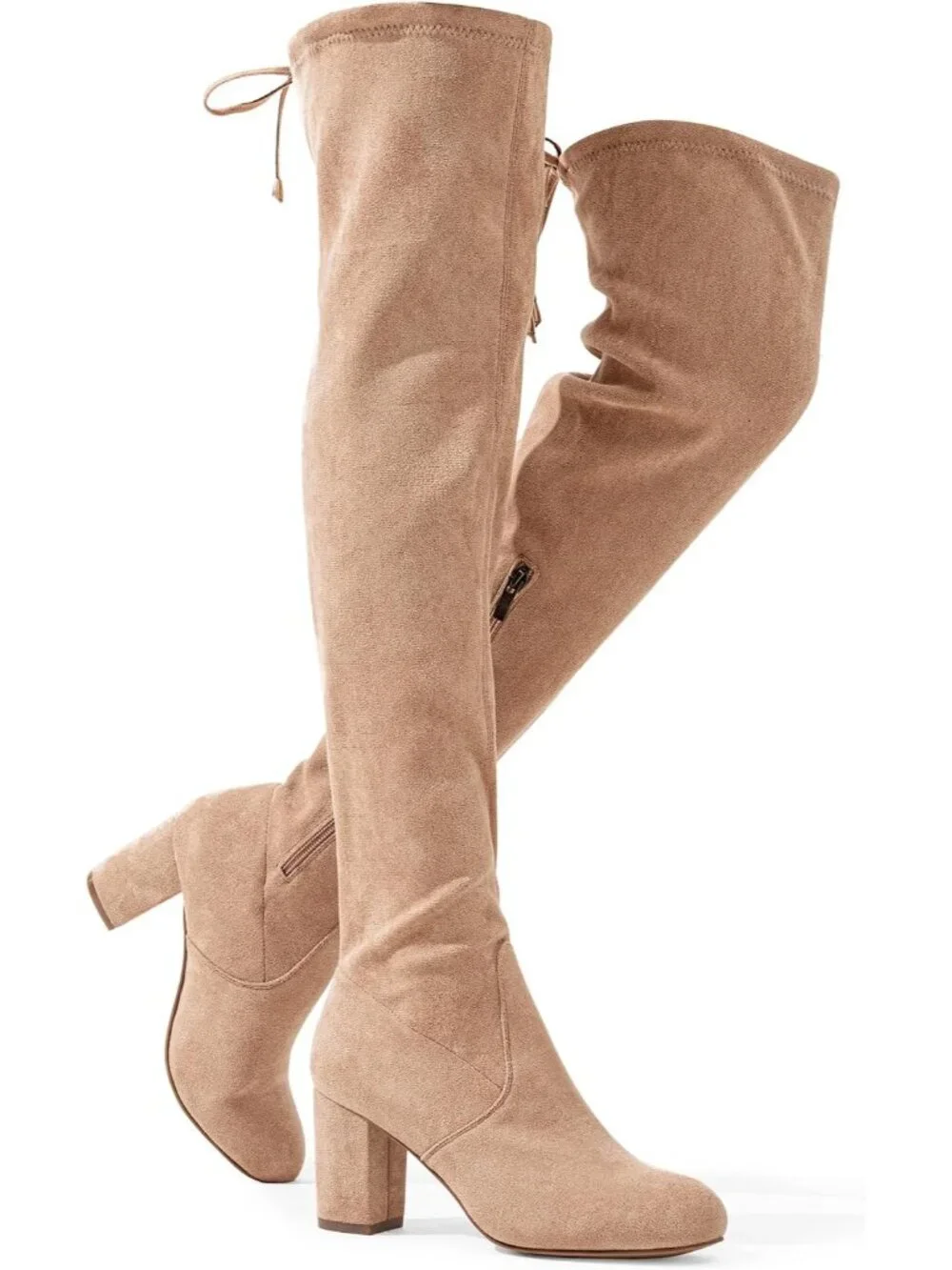 Women's Sand Chunky Heel Round Toe Side Zipper Over The Knee Thigh High Boots